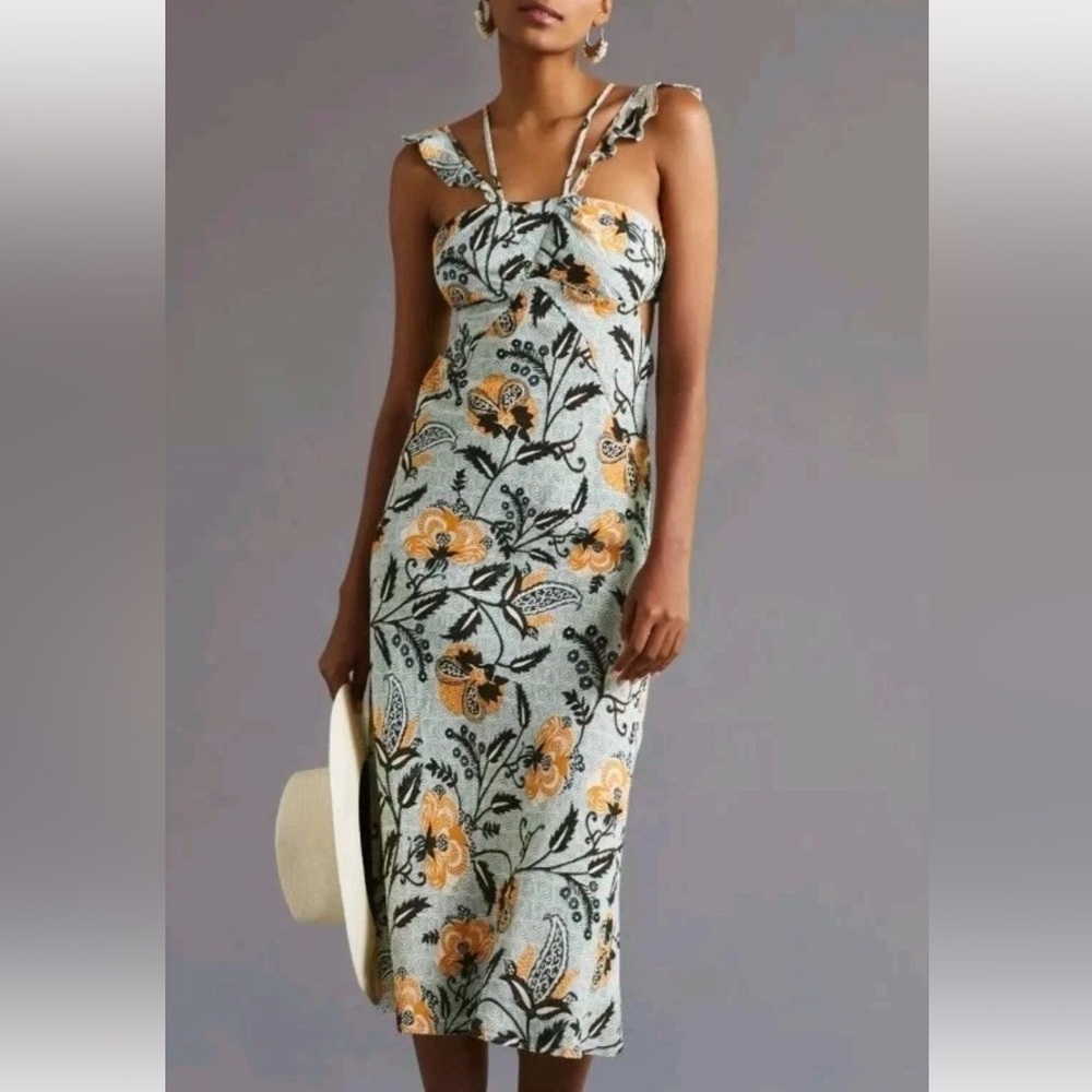 By Anthropologie Halter/Bra Slim Midi Dress Sz 8 Mint Green Floral